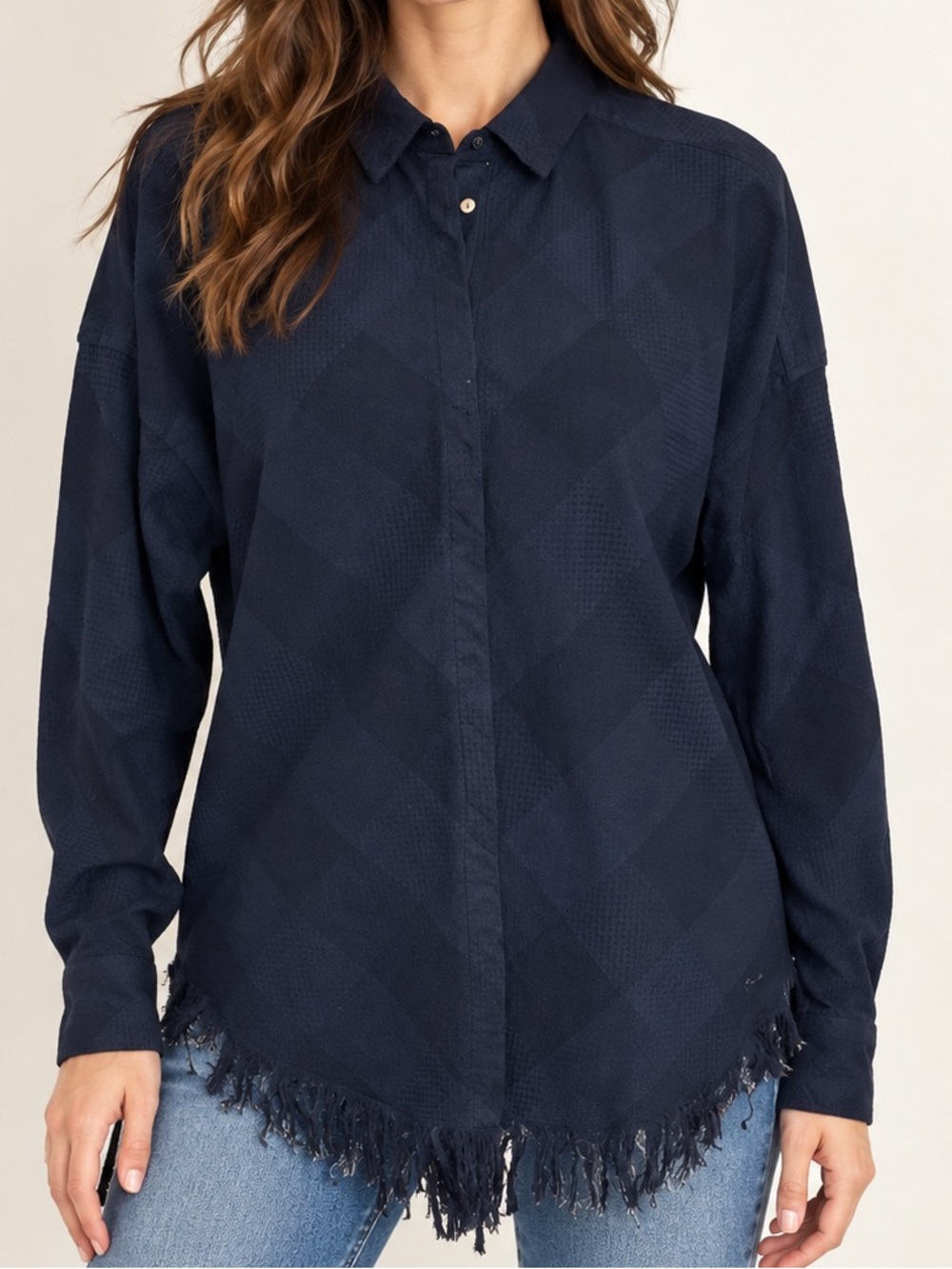 Scotch & Soda Club Mirage Navy Black Fringe Hem Button-Down Shirt Jacket Size 1